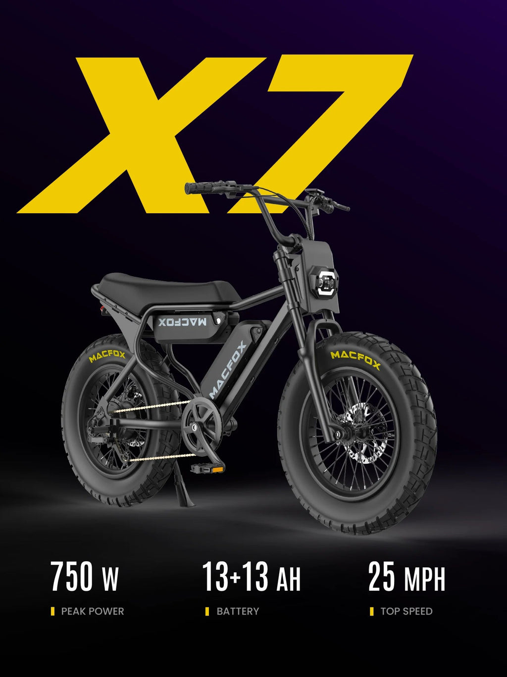 MACFOX Adult Electric Bike, 750W, 25 MPH, 48V 13Ah Removable Battery, 35-Mile Range, 20x4.5in Front And 20x5.0in Rear Tires - X7
