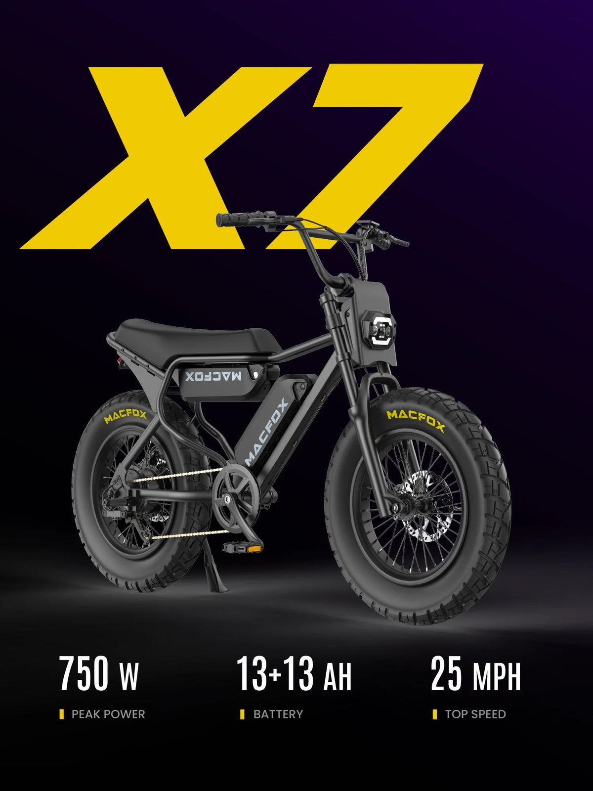 MACFOX Adult Electric Bike, 750W, 25 MPH, 48V 13Ah Removable Battery, 35-Mile Range, 20x4.5in Front And 20x5.0in Rear Tires - X7