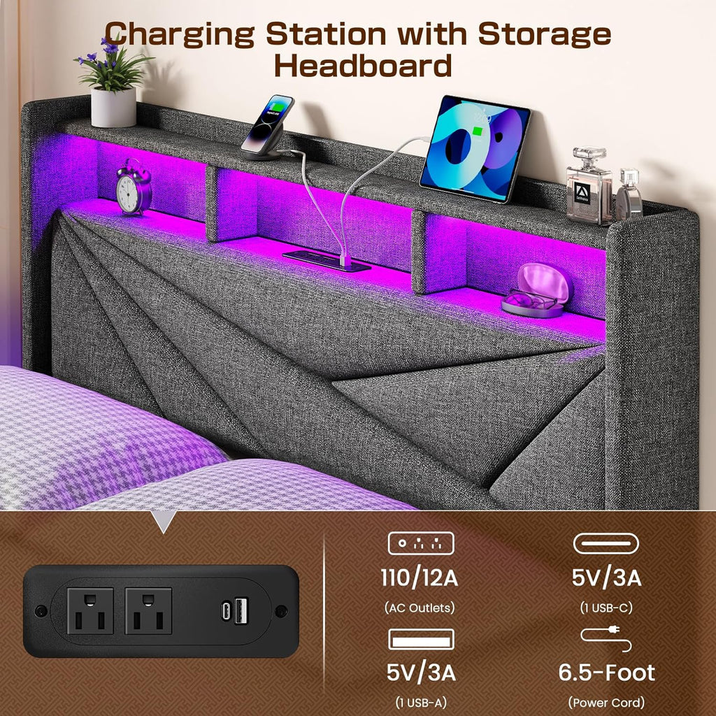 King Size Upholstered Bed Frame With 4 Storage Drawers, Charging Station And LED Headboard - Dark Grey