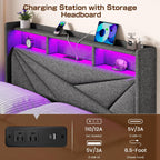 King Size Upholstered Bed Frame With 4 Storage Drawers, Charging Station And LED Headboard - Dark Grey