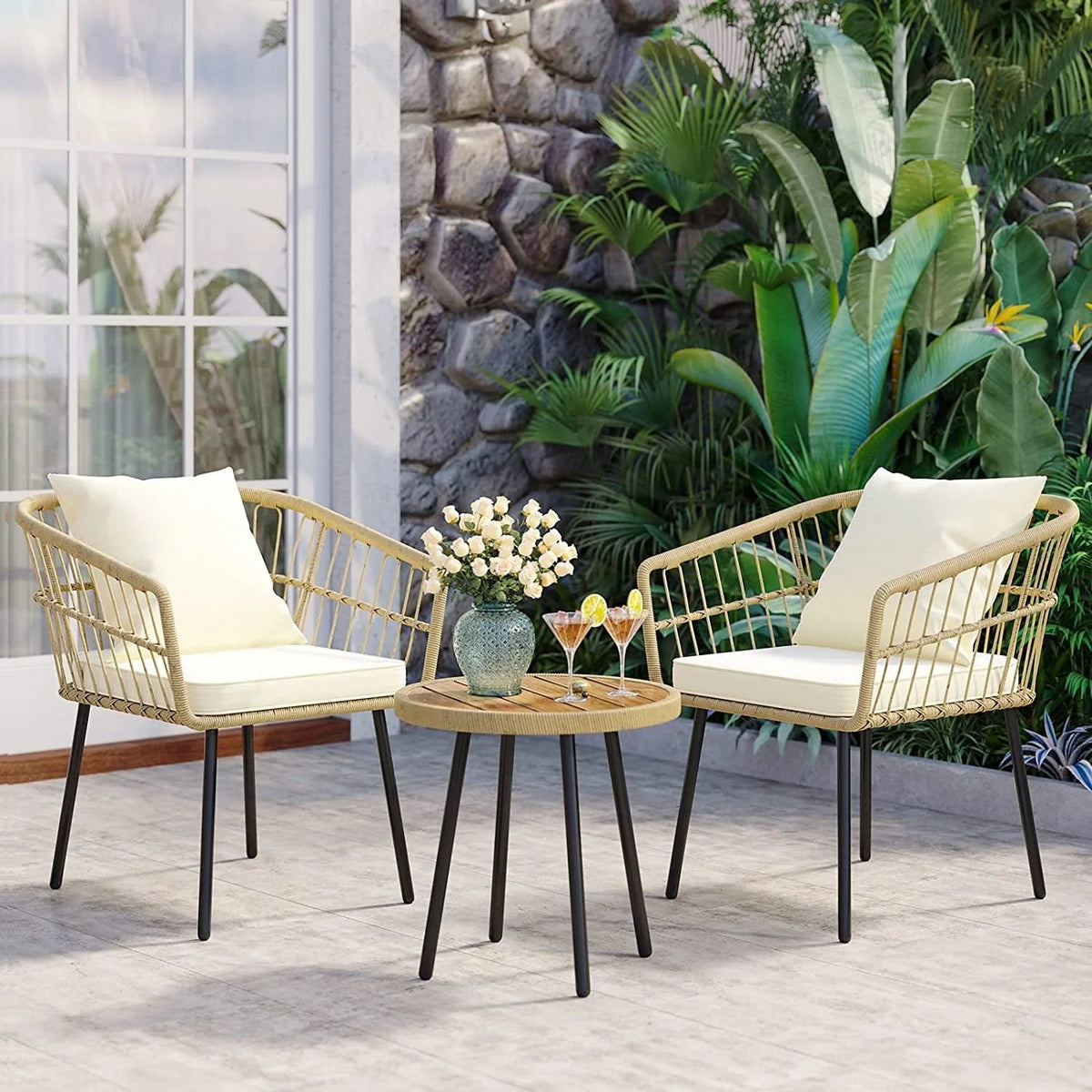 DEXTRUS 3-Piece Outdoor Patio Wicker Bistro Set With Soft Cushions