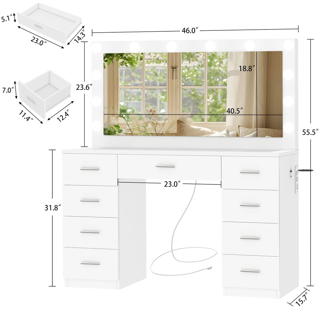 TEENFON Vanity Desk With Large Lighted Mirror, 46 in, 9 Drawers, Glass Desktop, White