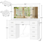 TEENFON Vanity Desk With Large Lighted Mirror, 46 in, 9 Drawers, Glass Desktop, White
