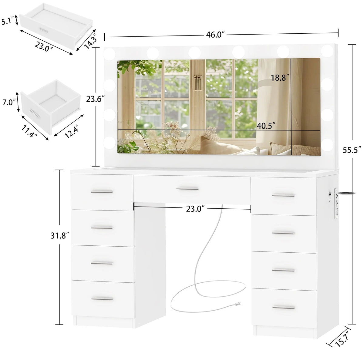 TEENFON Vanity Desk With Large Lighted Mirror, 46 in, 9 Drawers, Glass Desktop, White