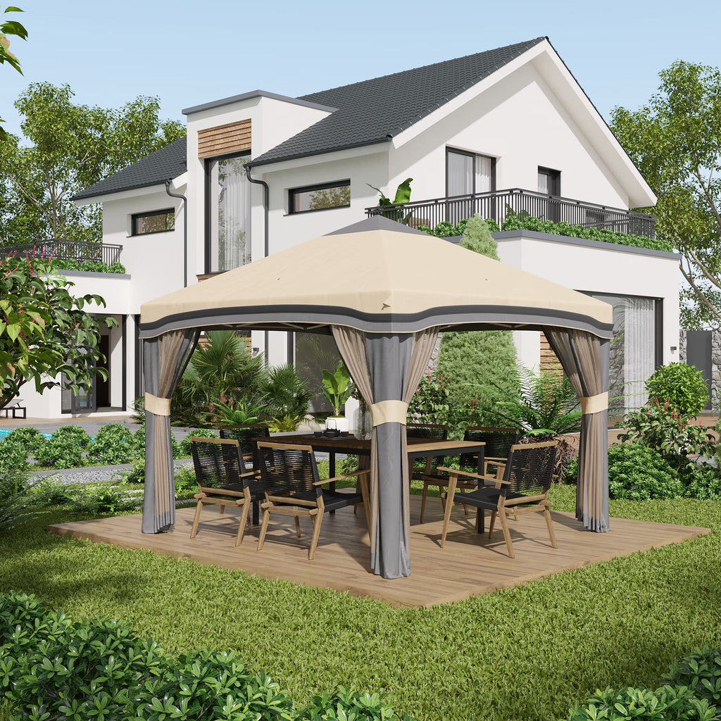 Outsunny Pop-Up Canopy With Mesh Netting, Wheeled Carry Bag And 4 Sand Bags, Beige, 10' x 10' - 84C-405V01BG