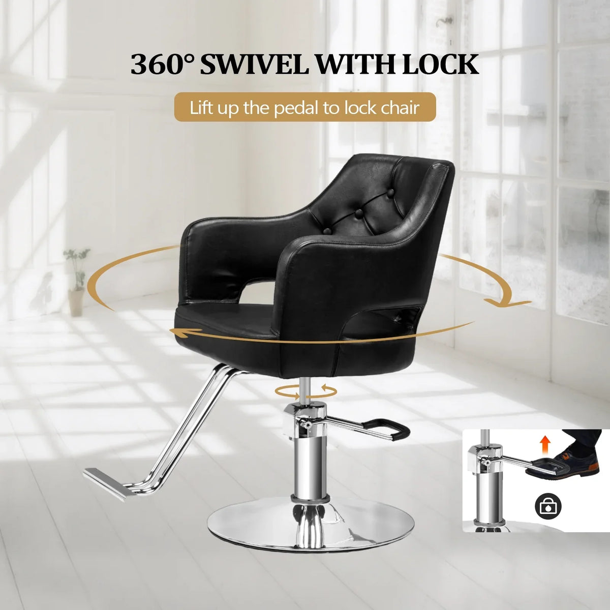OmySalon Barber Styling Chair With Hydraulic Pump, 360 Swivel And Footrest - Black