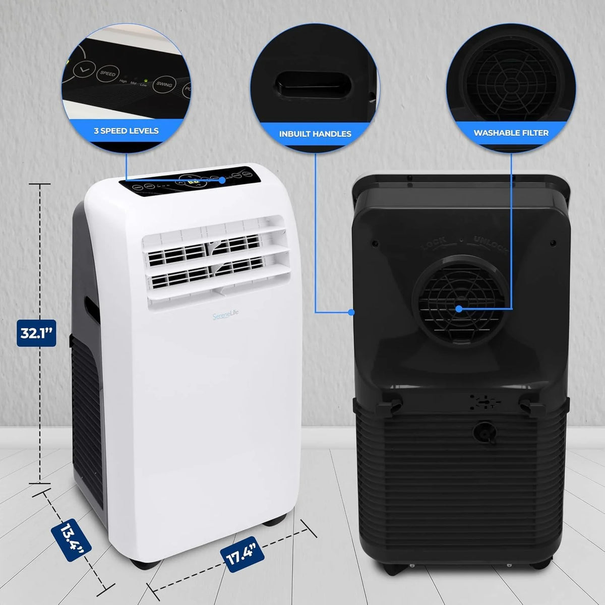SereneLife Portable Air Conditioner 10,000 BTU Cooling, 9,000 BTU Heating, White