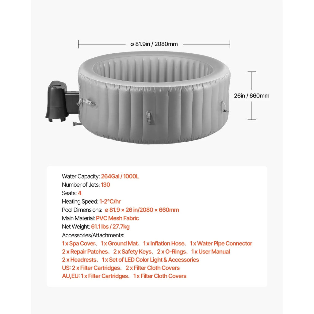 KFFKFF Inflatable Hot Tub, 4-6 Person, 81.9 x 26 in, 130 Jets, PVC, Grey - KSW0018