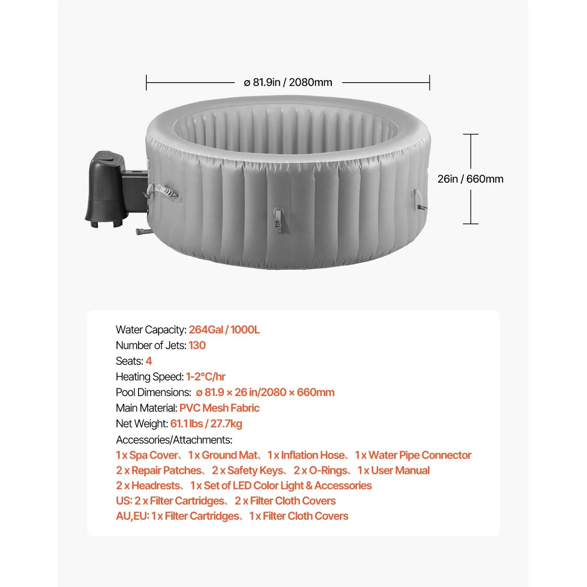 KFFKFF Inflatable Hot Tub, 4-6 Person, 81.9 x 26 in, 130 Jets, PVC, Grey - KSW0018