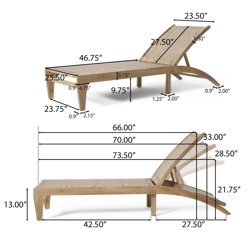 Outdoor Chaise Lounge, Single, Acacia Wood and Faux Rattan, Light Brown and Light Multibrown, 77.00 x 25.50 x 33.00 Inches - Shane