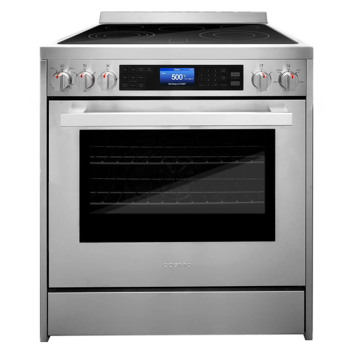 Cosmo 4-Piece Kitchen Appliance Package With 30 in Electric Range, 30 in Wall Mount Hood, 24 in Dishwasher And French Door Refrigerator
