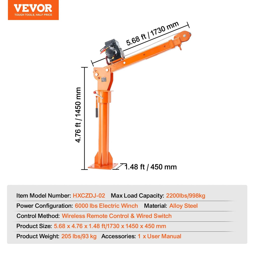 VEVOR Electric Pickup Truck Crane 2200 lbs With 6000 lbs Winch - HXCZDJ-02