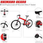 iRerts 26 Inch Folding Adult Mountain Bike, 21 Speed, Dual Disc Brakes, Red/Black