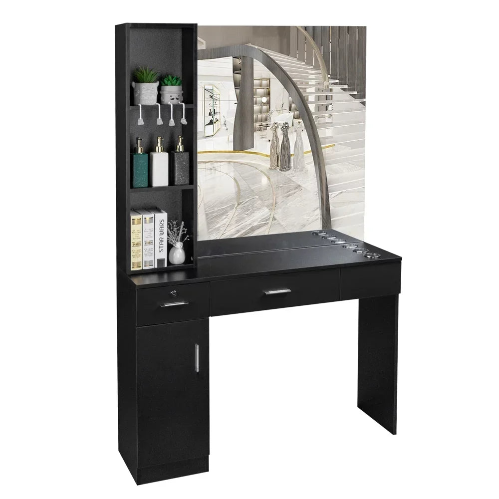 OmySalon Wall-Mount Barber Station With Mirror, 2 Drawers, 1 Storage Cabinet And 3 Open Shelves