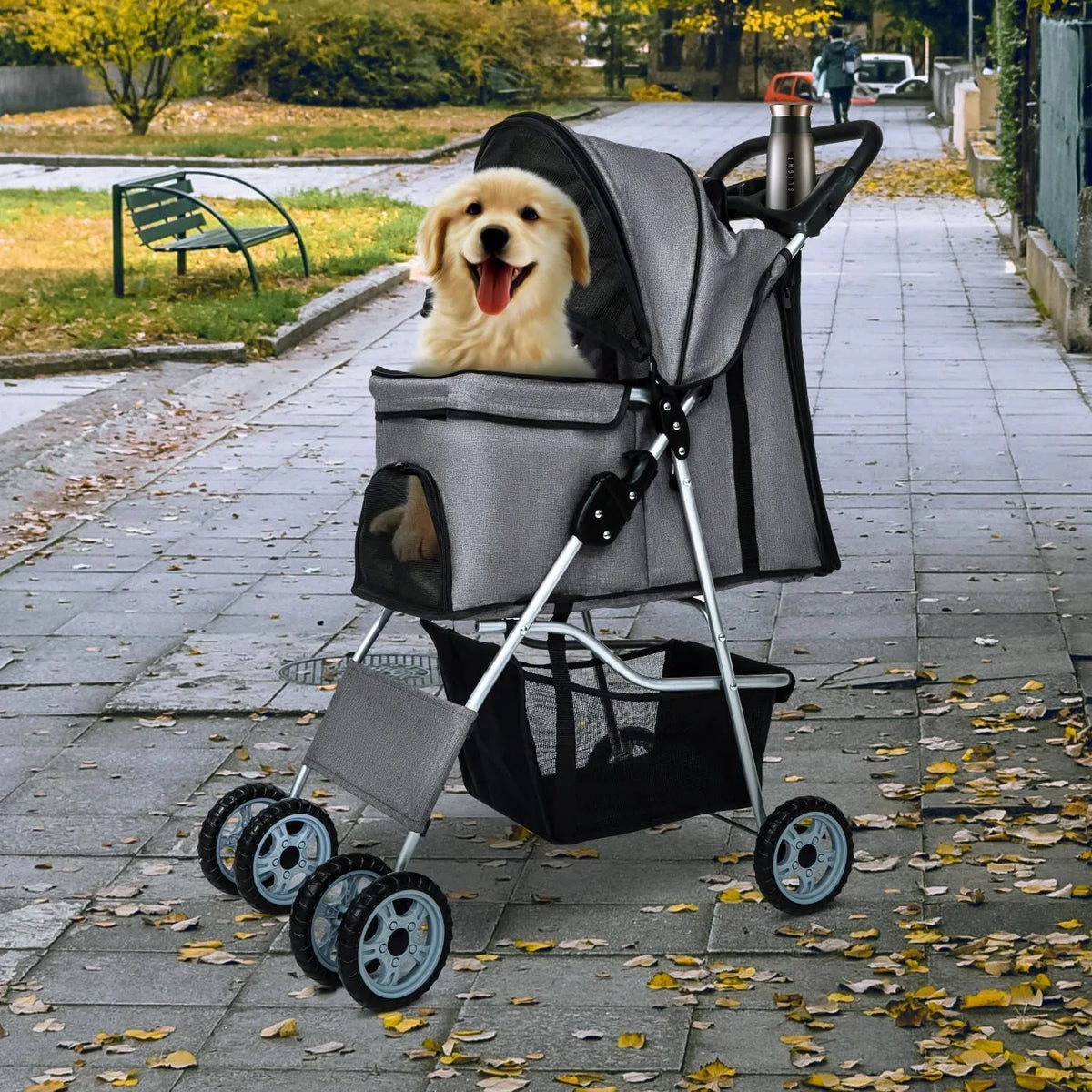 Dkelincs 4-Wheel Foldable Dog Cat Stroller Travel Carrier, Grey - 29.5in L x 18.9in W x 39.8in H