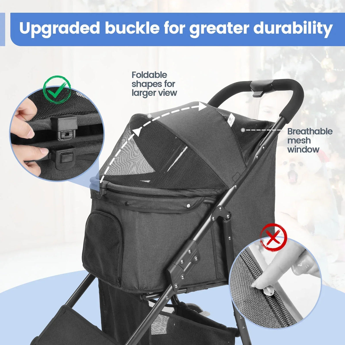Wedyvko 4 Wheel Foldable Pet Stroller With Storage Basket For Small Medium Dogs & Cats - Black