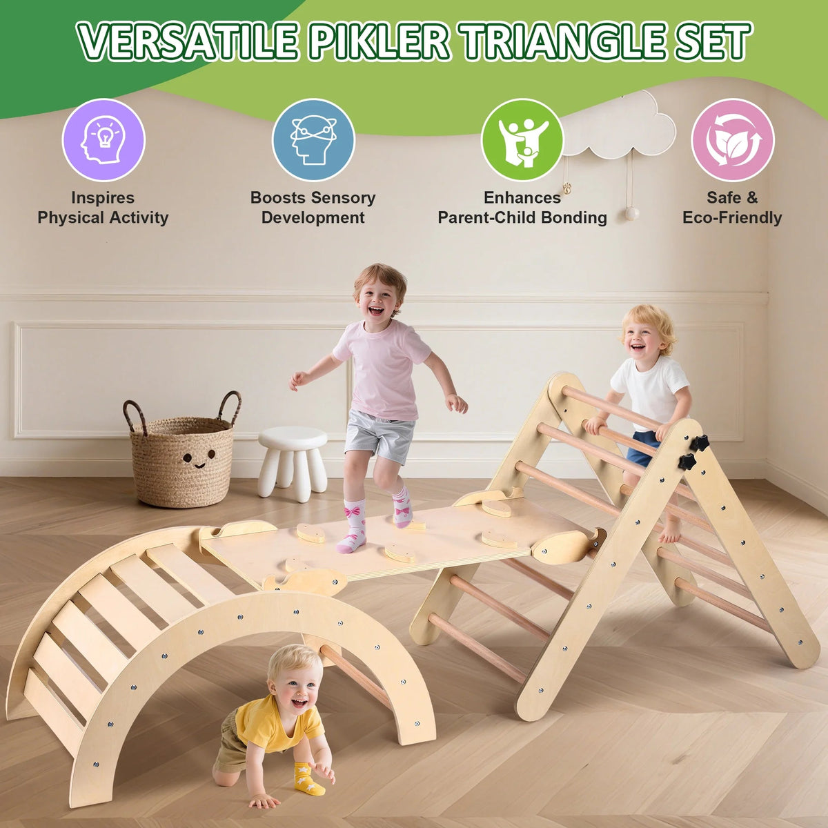 Lookfly 8-in-1 Foldable Pikler Triangle Climbing Set With Ramp - Natural-Color Or Multicolor