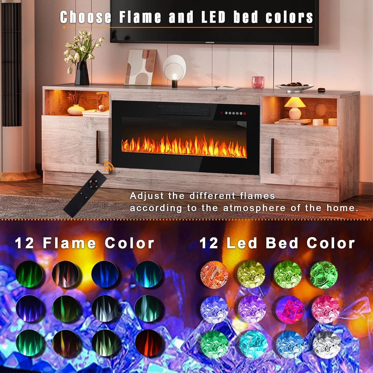 Waleaf TV Stand With 18 in Electric Fireplace And Adjustable Glass Shelves - TVs Up To 65 inch