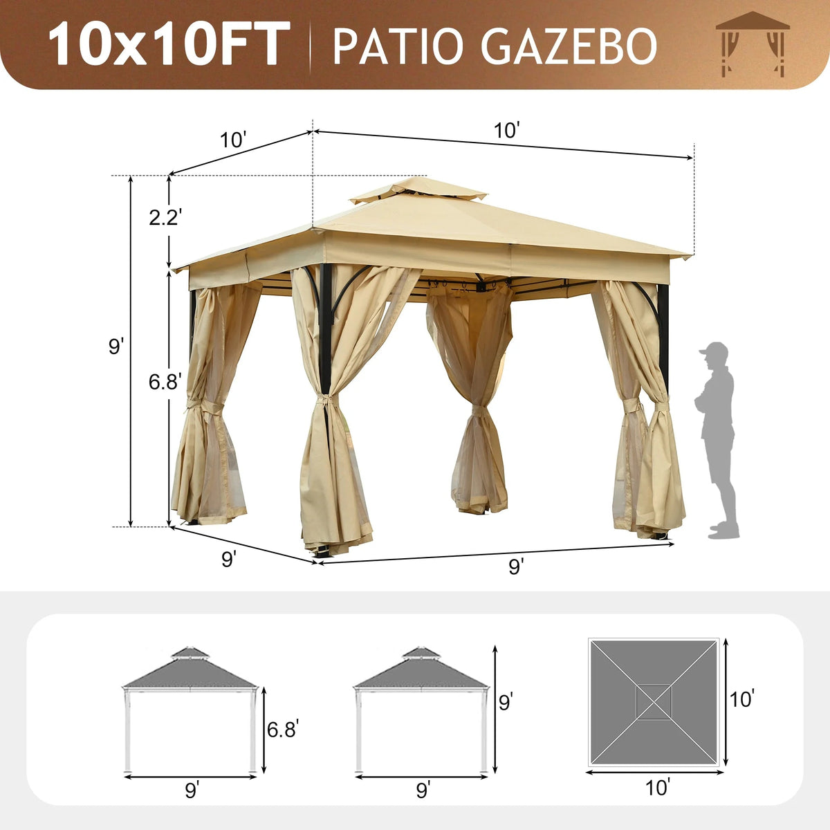 Outdoor Patio Gazebo With Mosquito Netting And Privacy Screens, 10'x10', Grey