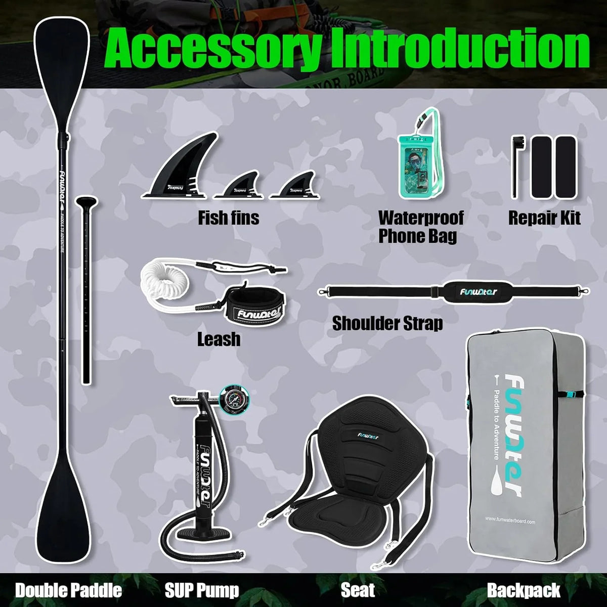 FunWater Inflatable Stand Up Paddle Board, 11 ft x 32 in x 6 in - SUP Paddle Accessories