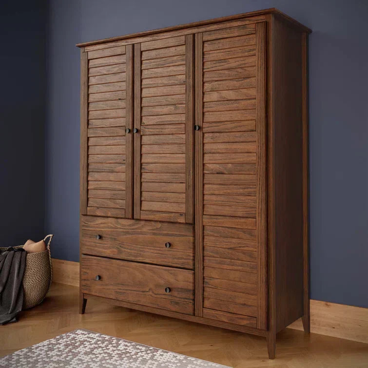 Solid Pine Wood Armoire, 3 Doors, 2 Drawers, 5 Shelves, 73.75 in H x 59.5 in W x 21.5 in D