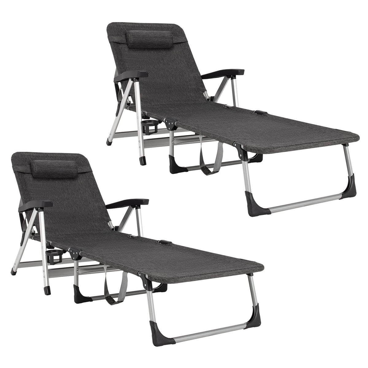 Folding Outdoor Chaise Lounge Chair With Cup Holder, Detachable Headrest, 330 lbs. Capacity - 53-75 in