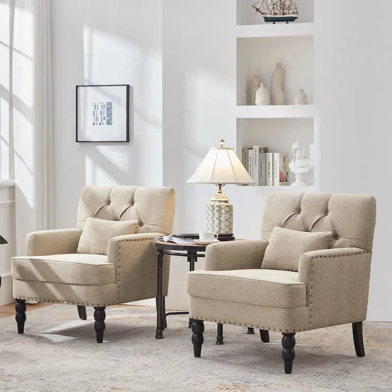Set Of 2 Upholstered Button-Tufted Accent Chairs With Lumbar Pillows - 30 x 29 x 35 inches