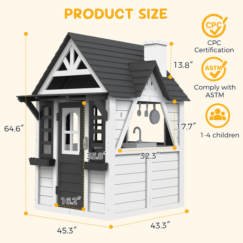 COCLUB Wooden Outdoor Playhouse With Doorbell, Phone And Kitchen Toys, 45in L x 43in W x 65in H