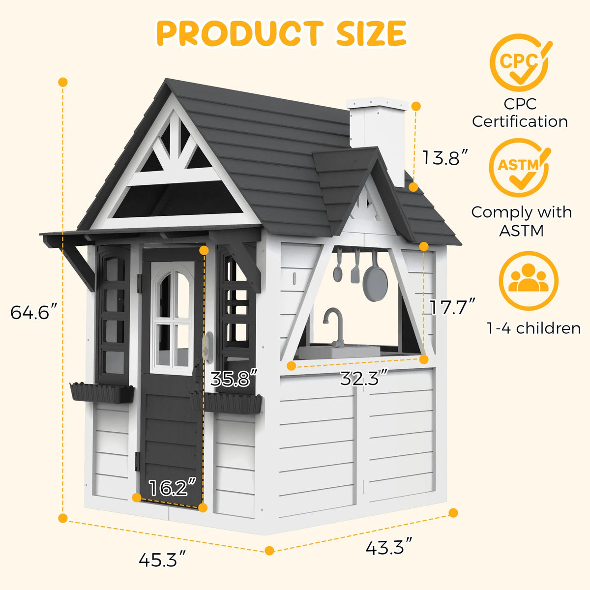 COCLUB Wooden Outdoor Playhouse With Doorbell, Phone And Kitchen Toys, 45in L x 43in W x 65in H