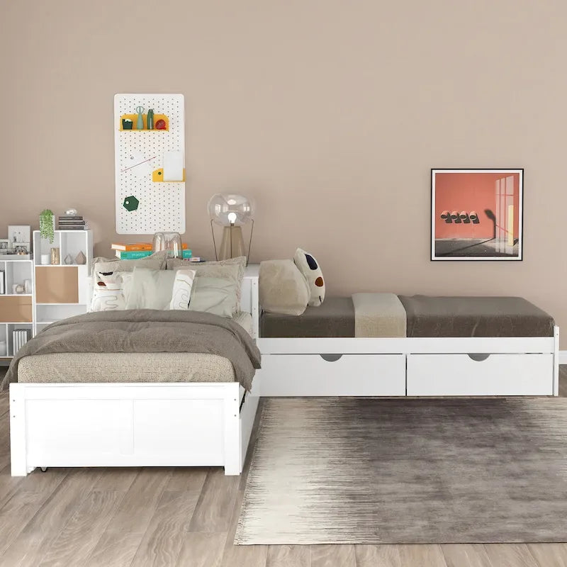 White Twin Size L-Shaped Platform Bed With Trundle And 2 Drawers