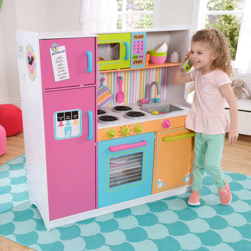 KidKraft Deluxe Big And Bright Wooden Play Kitchen For Kids - Neon Colors