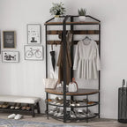 HBROLJF Corner Hall Tree With Shoe Bench, 10 Metal Movable Hooks, Rustic Brown - 71.3 x 18.1 x 18.1 in