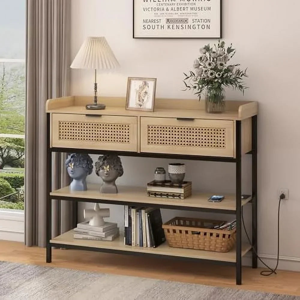 AYFDEGT Entryway Table With 2 Drawers, Outlets, USB Ports, Shelves & LED Lights - Black