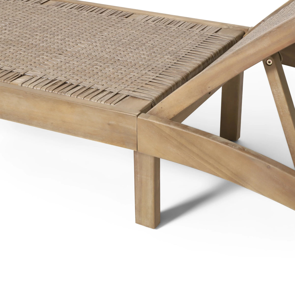Outdoor Chaise Lounge, Single, Acacia Wood and Faux Rattan, Light Brown and Light Multibrown, 77.00 x 25.50 x 33.00 Inches - Shane