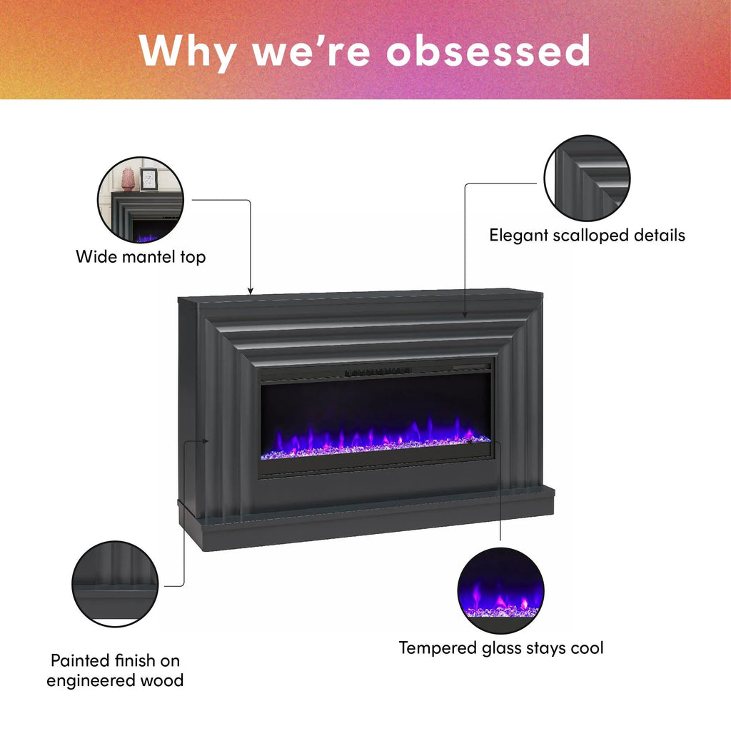 CosmoLiving by Cosmopolitan Electric Fireplace Mantel TV Stand, Black, 65 in, 42 in Insert - Rene