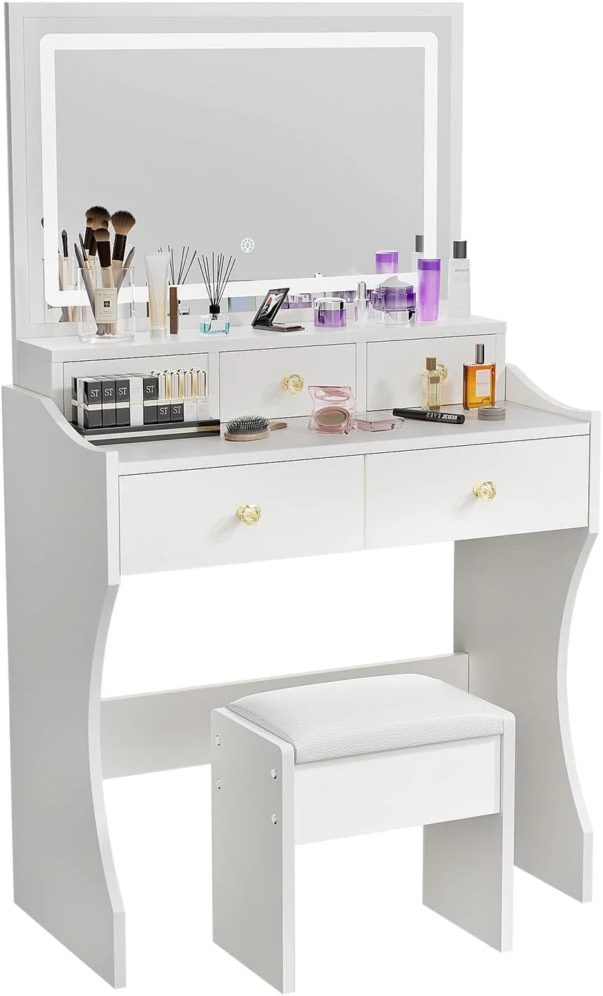 Makeup Table With Mirror, Lights And Stool, 80x40x135cm, White - D089