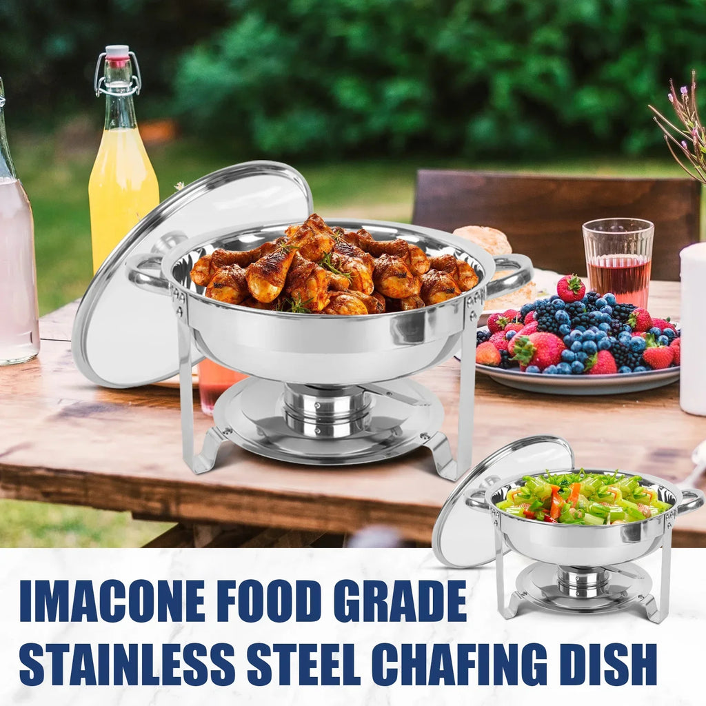 IMACONE 5QT Stainless Steel Round Chafing Dish Buffet Set, 2-Pack With Glass Lid