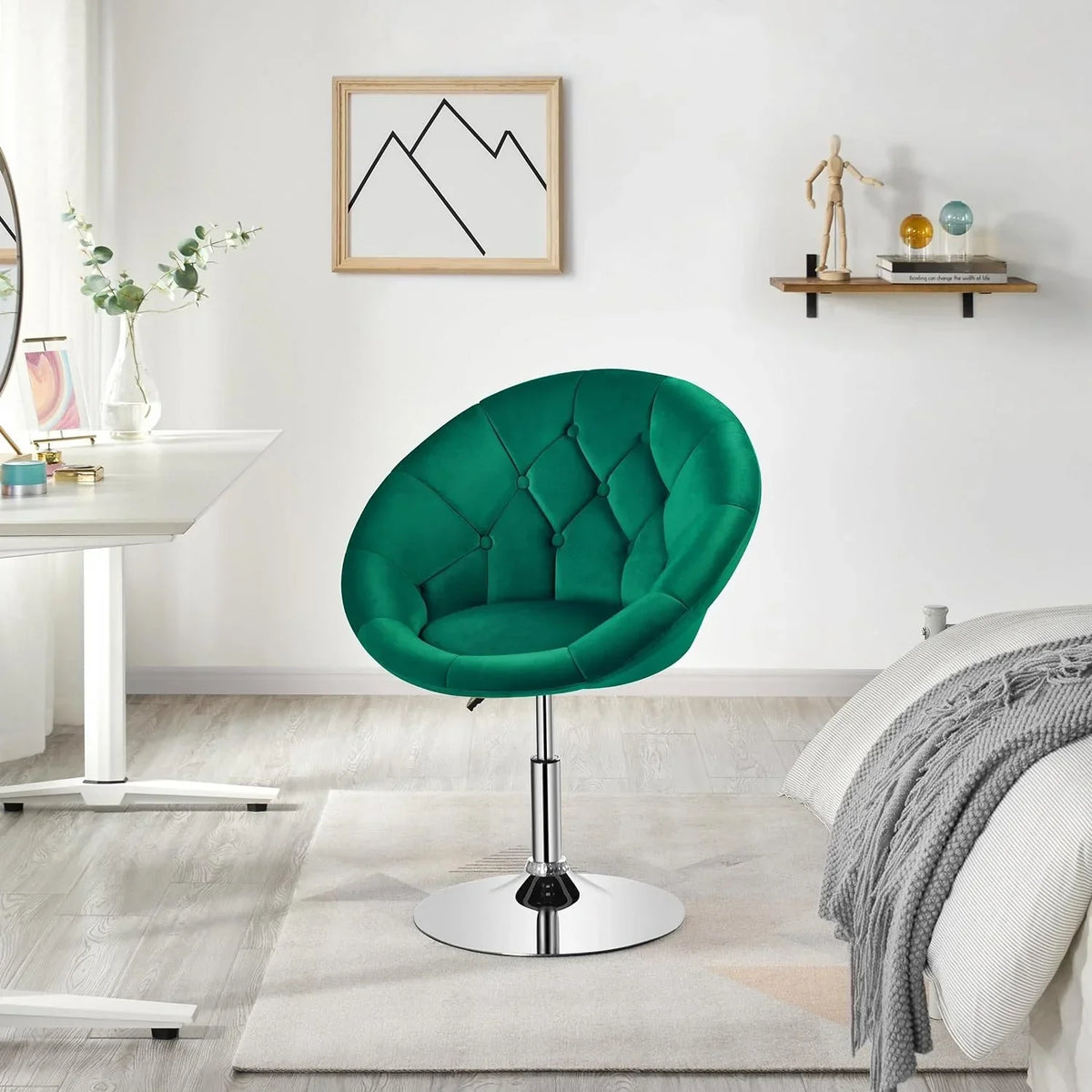 HOMEZY Tufted Swivel Vanity Chair, Black - Height Adjustable, 360-Degree