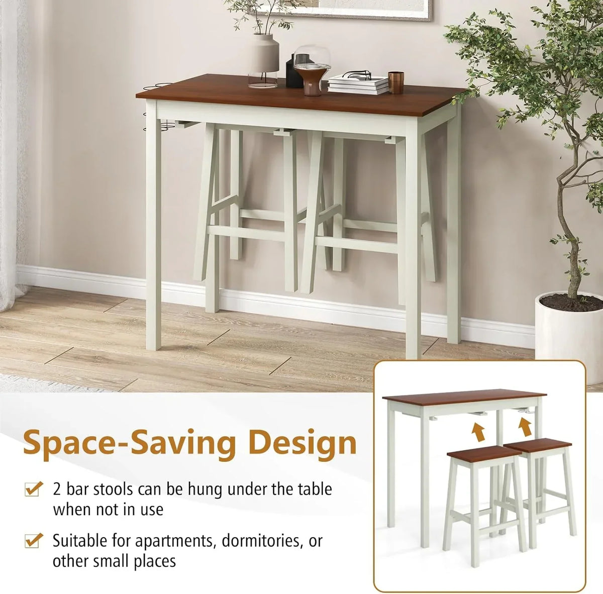 3-Piece Counter Height Bar Table Set With 2 Stools And 2 Wine Holders - Cream White & Walnut