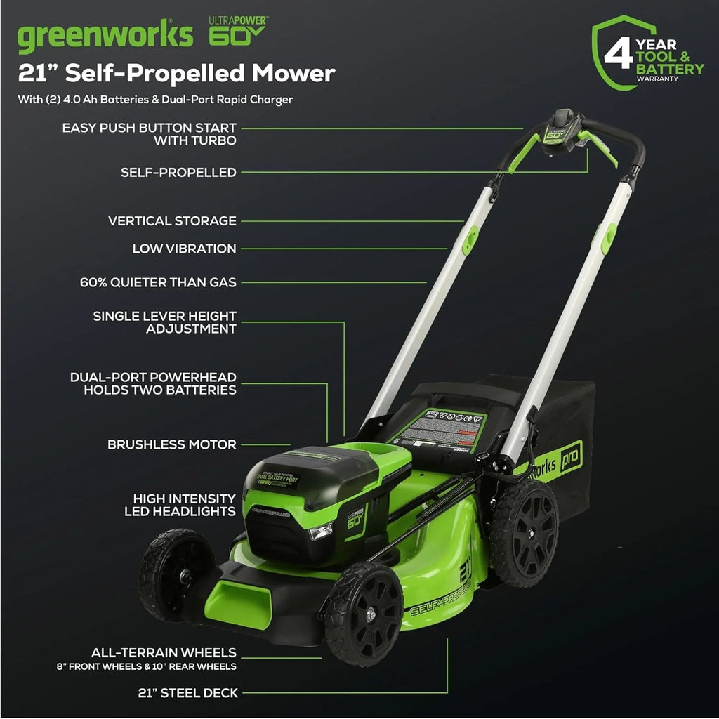 Greenworks Cordless Self-Propelled Lawn Mower, 60V, 21-Inch, 2 x 4.0Ah Batteries, Dual-Port Rapid Charger