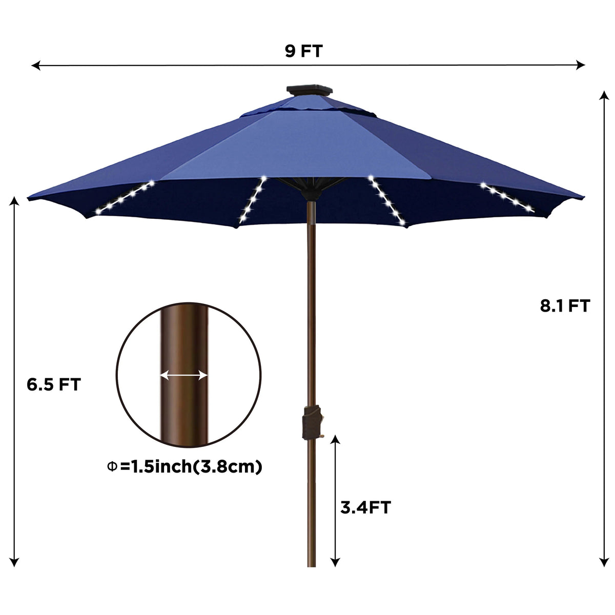 EliteShade 9ft Market Patio Umbrella With 80 LED Lights, Ruby