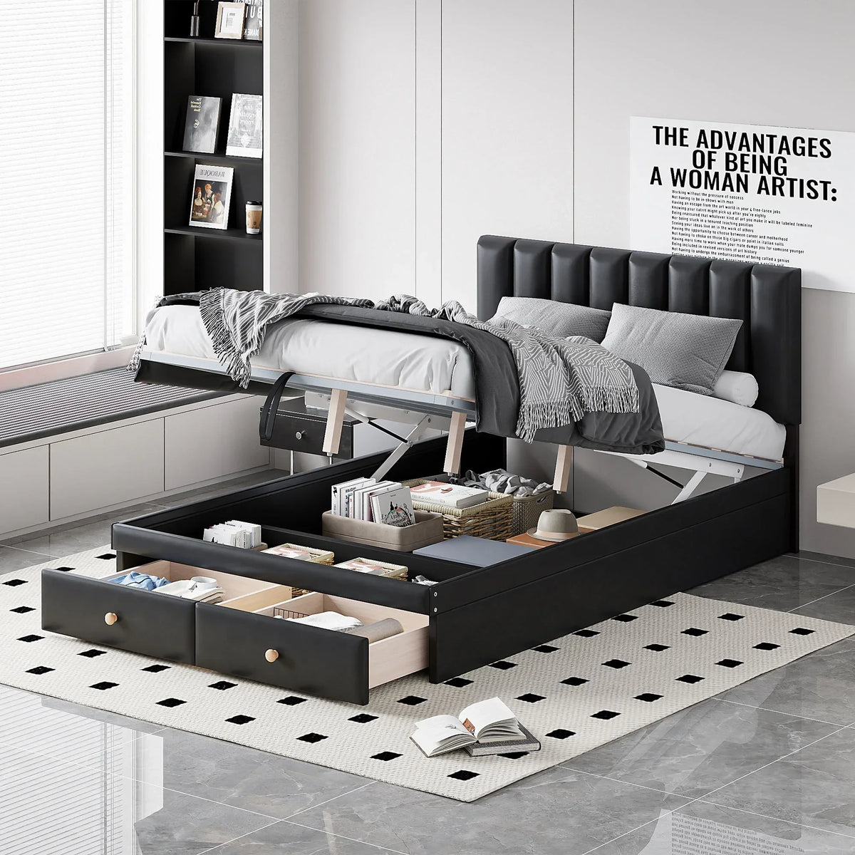 Roomfitters Full Size Upholstered Platform Bed With Hydraulic Storage System, 2 Drawers, Black - 78in L x 60.6in W x 37.8in H