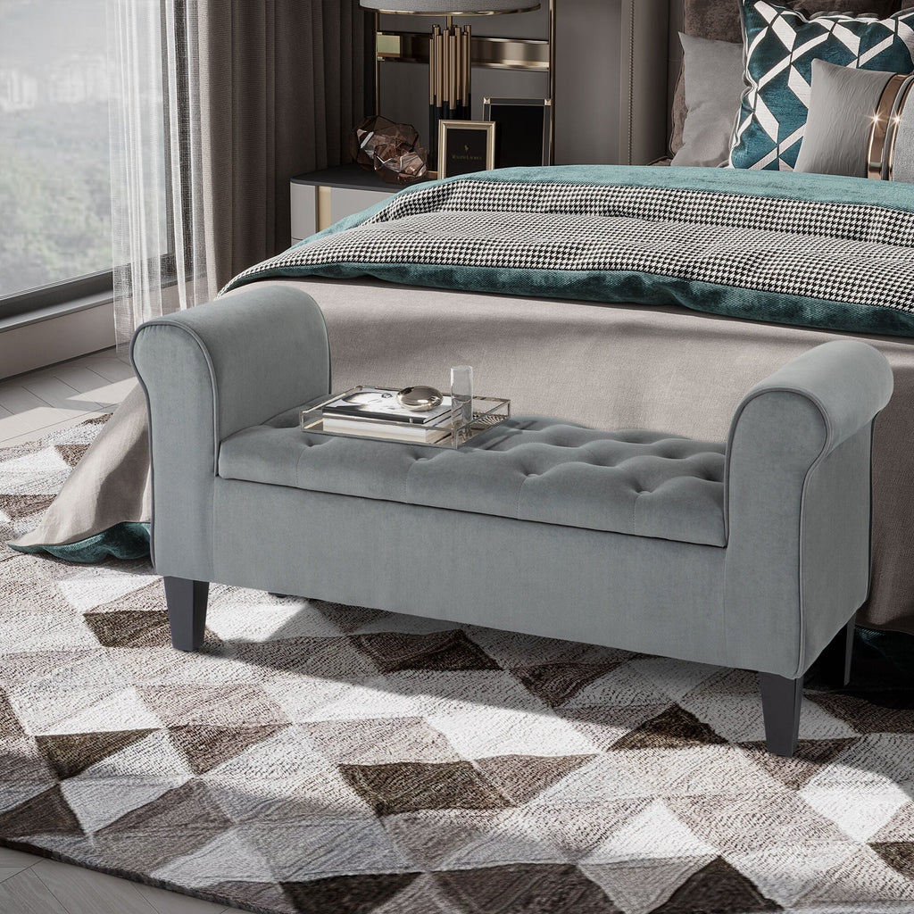 Button-Tufted Storage Ottoman Bench, Polyester and Rubberwood, 53.25in W x 17.75in D x 25.5in H