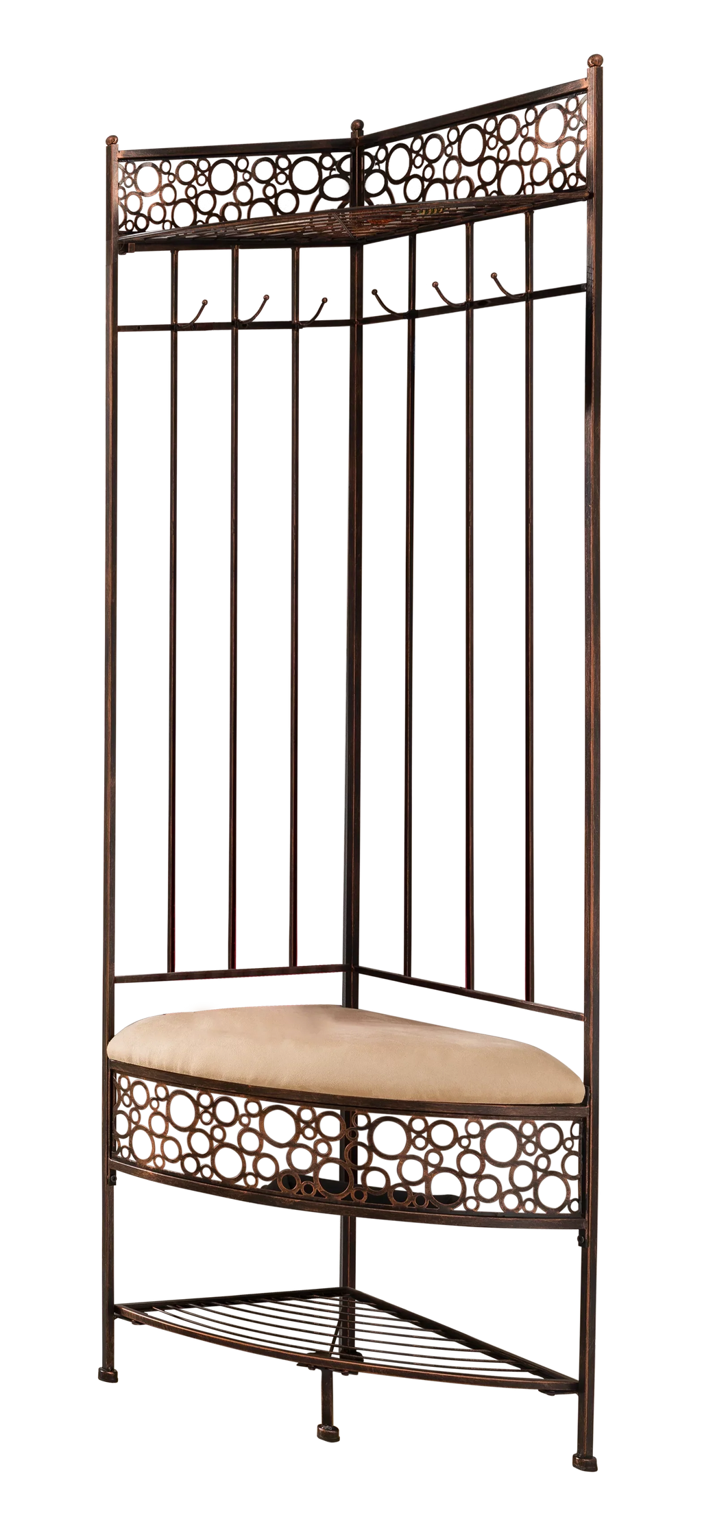 Crespin 6-Hook Corner Hall Tree With Bench And Shoe Storage, Brushed Copper Metal