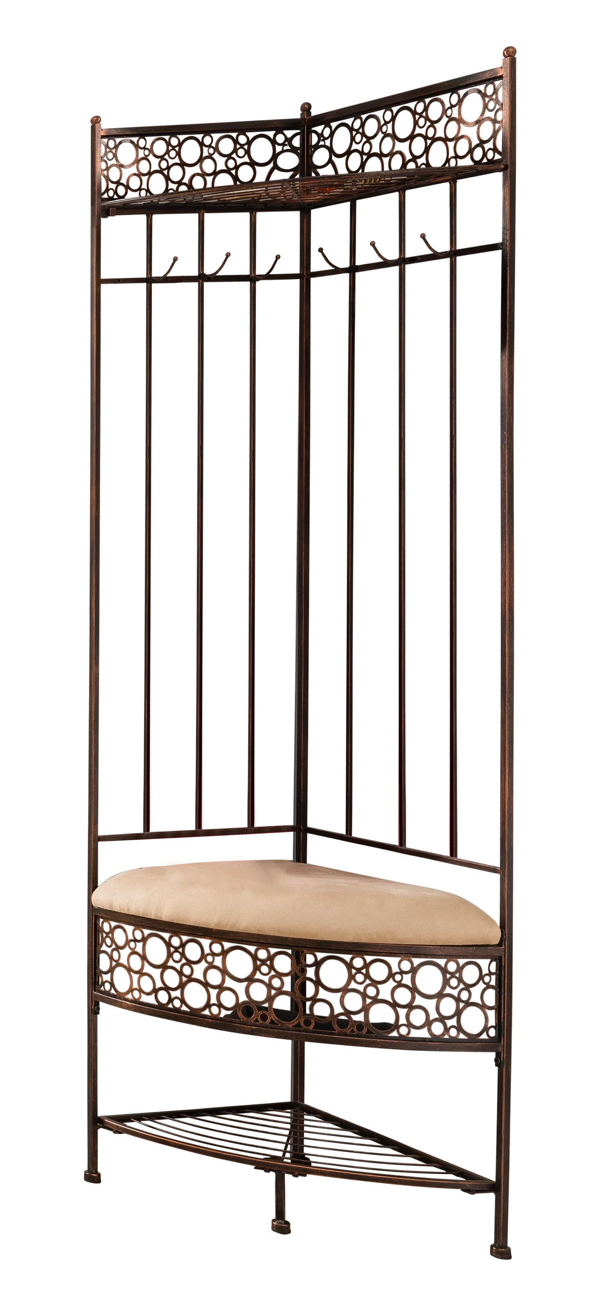 Crespin 6-Hook Corner Hall Tree With Bench And Shoe Storage, Brushed Copper Metal