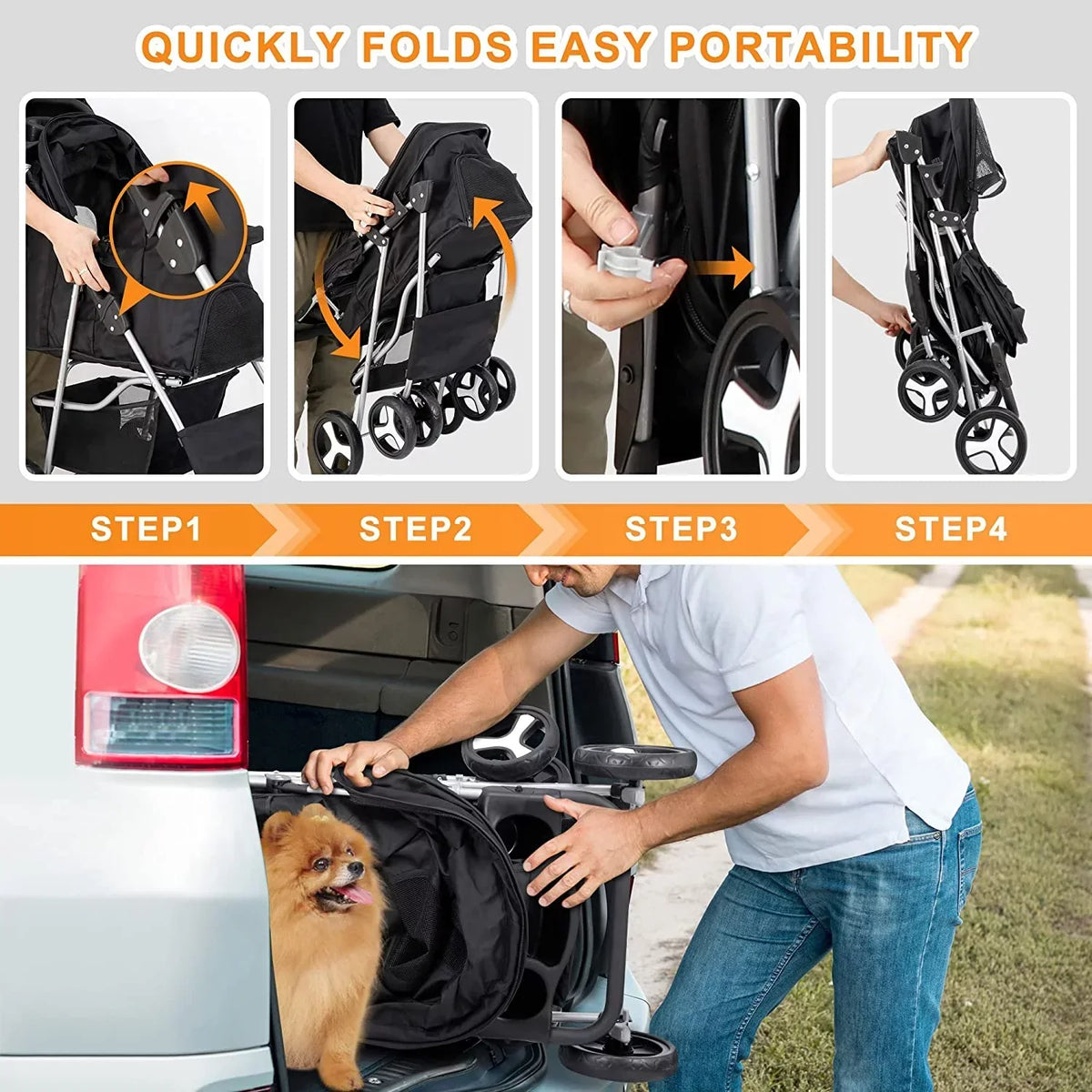 Pet Stroller With 4 Wheels For Small And Medium Dogs And Cats - Foldable, Oxford Cloth, 30 lbs Capacity