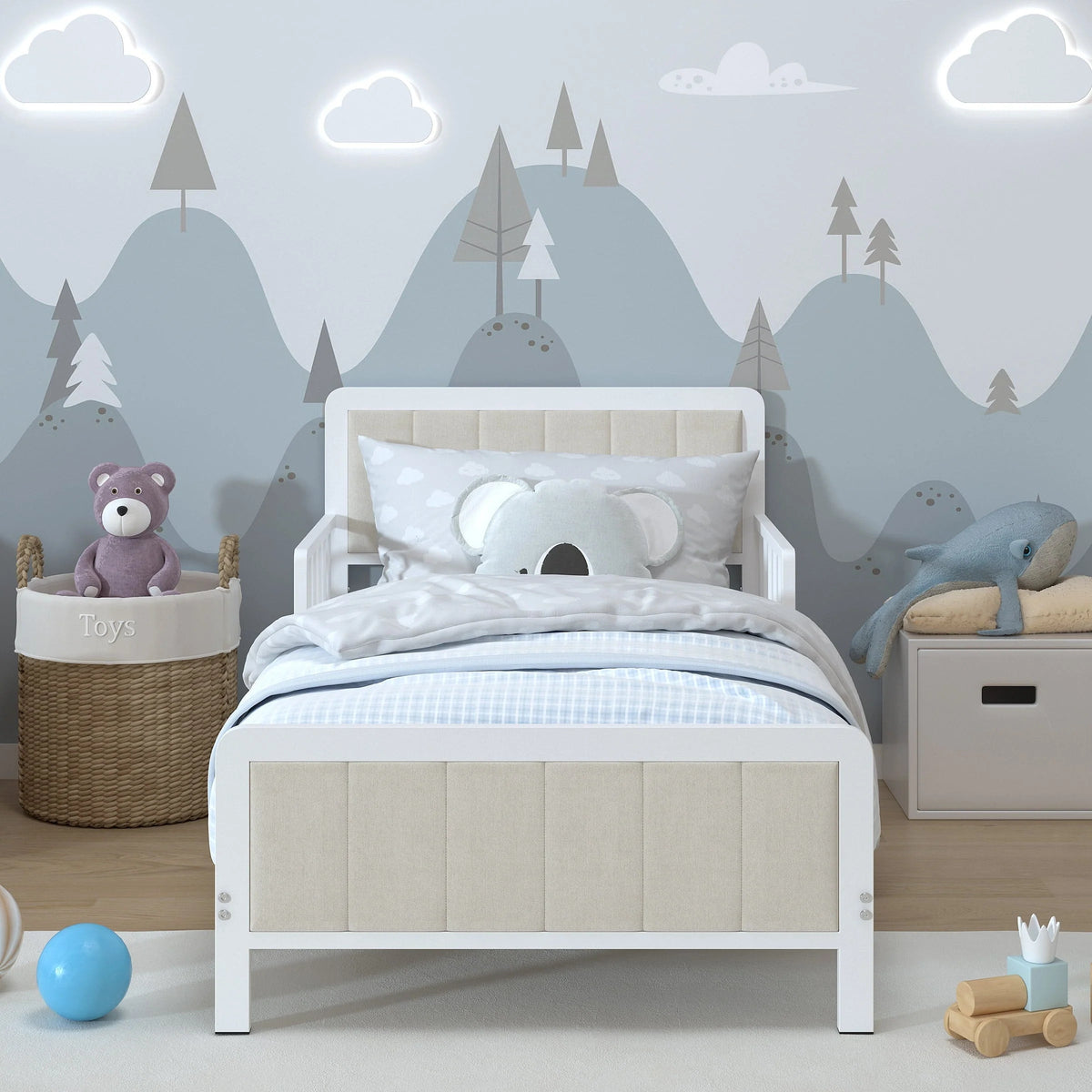 Yoneston Toddler Metal Platform Bed Frame With Guardrails And Upholstered Headboard - White
