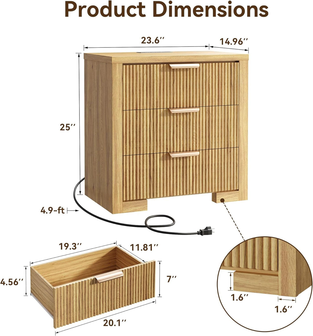Fluted Nightstand Set Of 2 With Charging Station, 23.6 in, 3 Drawers, Natural Oak