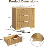 Fluted Nightstand Set Of 2 With Charging Station, 23.6 in, 3 Drawers, Natural Oak