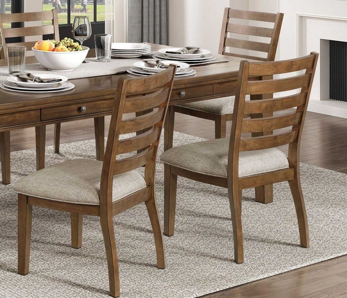 Ladder Back Wooden Dining Side Chairs, Cherry Finish, Beige Textured Fabric Upholstery, Set Of 2pc